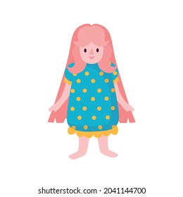 Doll with blue dress and pink hair.Cartoon illustration, vector.