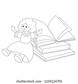 Doll and book colorless cartoon. Outlined illustration with thin line black stroke