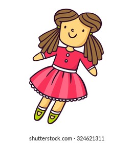 Doll, bright vector children illustration of cute toy girl in pink dress isolated on white