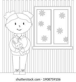 Doll with bunny in a cozy room with a winter window, coloring page for children, simple vector illustration