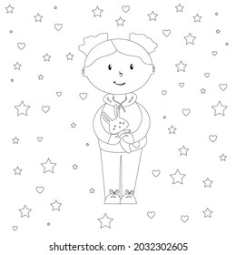 Doll with bunny in a cozy room with a winter mood, coloring page for children, simple flat vector illustration