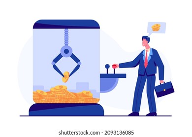 Doll cabinet Business claw game pick up coin concept. Businessmen run their own business and gamble. A claw crane arcade game picking up gold coin. Isolated flat vector illustration money game concept