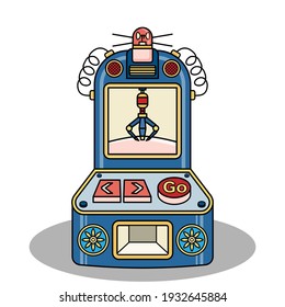Doll cabinet toy concept. Claw crane machine game. Vector illustration isolated on white background. icon set. thin line 