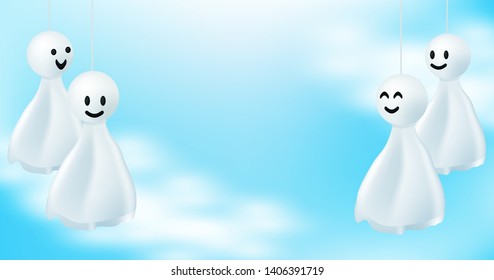 Doll chasing rain hanging on blue sky . Rainy Season. vector.
