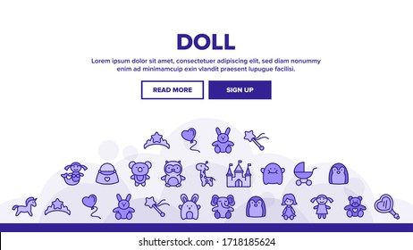 Doll Children Toys Landing Web Page Header Banner Template Vector. Playing Doll And Bear, Castle And Bag, Air Balloon And Mirror, Carriage And Unicorn Illustration