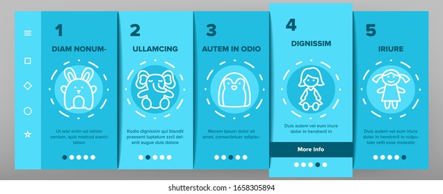 Doll Children Toys Onboarding Icons Set Vector. Playing Doll And Bear, Castle And Bag, Air Balloon And Mirror, Carriage And Unicorn Illustrations