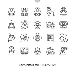 Doll. Children's day. Toy girl. Childhood. Pixel Perfect Vector Thin Line Icons. Simple Minimal Pictogram