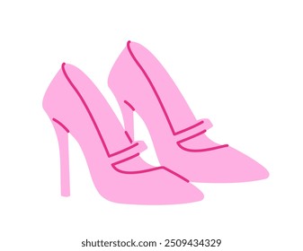 Doll clothes concept. Pink shoes at high heels. Beauty, elegance and aesthetics. Fantasy and dream. Trendy boot. Sticker or icon. Flat vector illustration isolated on white background