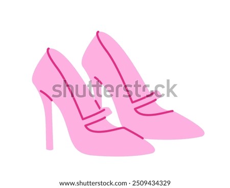 Doll clothes concept. Pink shoes at high heels. Beauty, elegance and aesthetics. Fantasy and dream. Trendy boot. Sticker or icon. Flat vector illustration isolated on white background