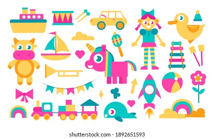 Doll, cow, unicorn, transport and so on. Bright cartoon set of kids toys isolated on white. Collection for educational game design for childrens, shop set. Toys clipart. Vector stock illustration