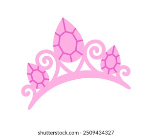 Doll crown concept. Pink jewelry and accessory. Beauty, elegance and aesthetics. Princess Diadem or Tiara. Sticker or icon. Flat vector illustration isolated on white background