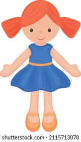 Doll. Cute children s toy with red hair. A doll in a beautiful dress. Vector illustration isolated on a white background