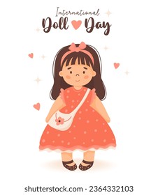 Doll Day. Cute children toy doll girl with long hair in red dress with handbag. International holiday. Vector illustration. Greeting card in cartoon style. Kids collection