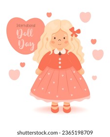 Doll Day. Cute children toy doll curly blondie girl in red dress. International holiday. Vector illustration. Greeting romantic card in cartoon style. Day of blonde. Kids collection