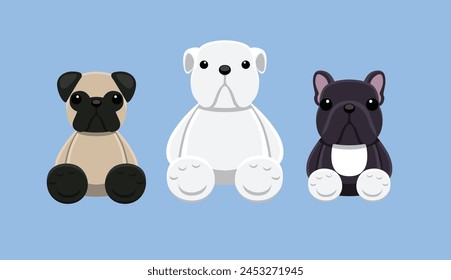 Puppe Hund Dogo Argentino Französische Bulldogge Mops Tier Nette Cartoon-Vektorillustration