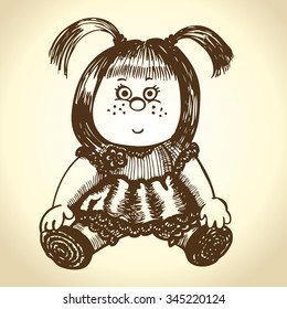 Doll drawn on a worn beige background. Pencil drawing.