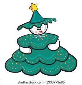 A doll dressed in the green tree costume with colorful decoration & star on the hat vector color drawing or illustration 