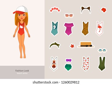 Doll game, beach series. A girl with a collection of fashionable swimsuits: swimsuit with a unicorn, flamingos, swimsuits with hats and glasses, swimsuits with hoops and a swimsuit-mermaid