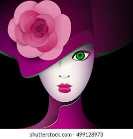 doll, girl in fashionable red hat with styled rose flower above on the black background, fashion week concept, carnival icon, vector