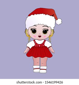 Doll  girl in santa claus hat christmas costume dress. Toy New Year or Christmas character for children. Design for children's t-shirts, souvenirs, cards, postcards, wallpapers.