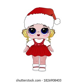 Doll girl in santa claus hat christmas costume dress. Toy New Year or Christmas character for children. Design for children's t-shirts, souvenirs, cards, postcards, wallpapers.