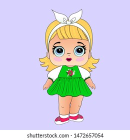 
Doll girl. Toy doll character for children. Design for children's t-shirts, souvenirs, cards, postcards, wallpapers.