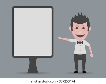 doll happy man pointing marquee