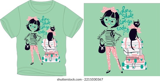 DOLL WITH HER CAT t shirt graphic design vector illustration \
