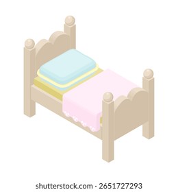 Cama de casa de boneca - ilustração vetorial isométrica desenhada à mão.