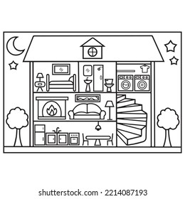 Doll House Coloring Page For Kids, Vector illustration EPS, And Image