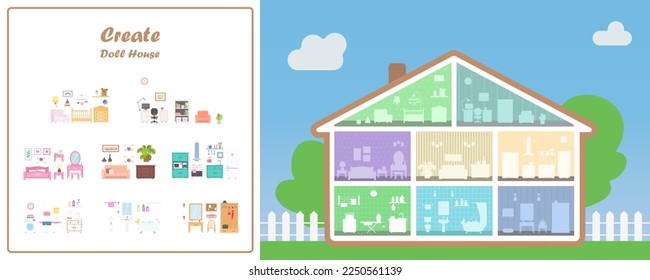 Casa de muñecas en sección transversal con ocho plazas de mobiliario. El mobiliario de las diferentes habitaciones. Cocina, baño, dormitorio, sala de estar. El concepto de la casa de muñecas. Ilustración vectorial. Estilo plano de la caricatura