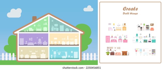 Casa de muñecas en sección transversal con mobiliario. El mobiliario de las diferentes habitaciones. Cocina, baño, dormitorio, sala de estar. El concepto de la casa de muñecas. Caricatura de estilo plano. Vector 