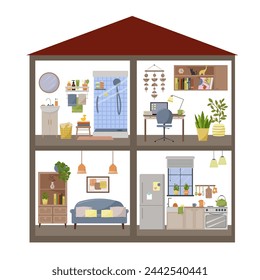 Doll house of four sections. Section of the building. Concept of rooms with furniture. Office with a computer. Bedroom - living room with sofa. Kitchen with window. Bathroom with shower. Flat style