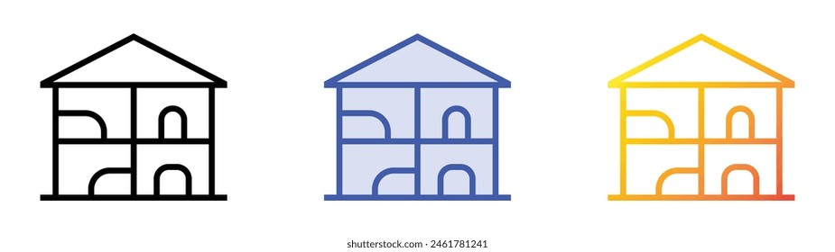 Puppenhaus-Symbol. Lineares, blaues Füllungs- und Verlaufsstil-Design auf weißem Hintergrund