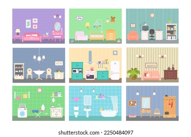 Doll house interior concept. Nine different rooms with furniture. Kitchen, bathroom, bedroom, office, dinner room, nursery, living room, laundry, hallway. Vector illustration Cartoon flat style