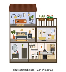 Doll house in section. Vector flat illustration with outline. Entrance hall, bedroom and living room, bathroom and kitchen. For covers and brochures, games for kids, advertising flyers, posters