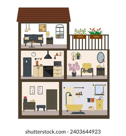 Doll house in section. Vector flat illustration with outline. Entrance hall, bedroom and living room, bathroom and kitchen. For covers and brochures, games for kids, advertising flyers, posters