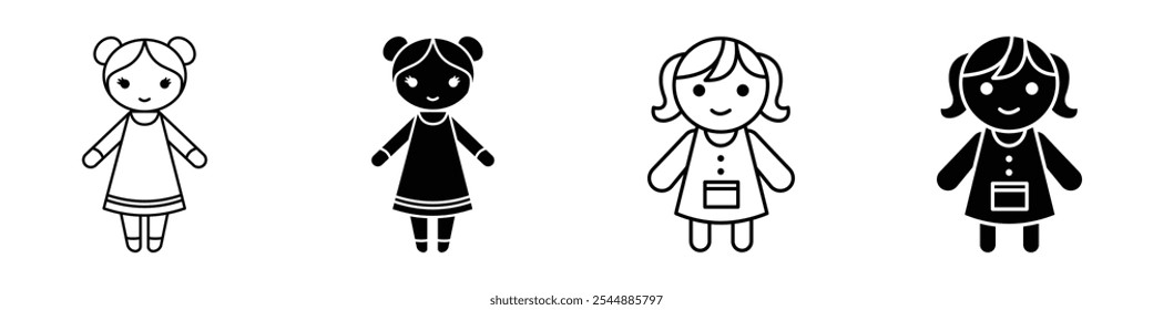 Doll icon collection in black and white filled and solid vector style.