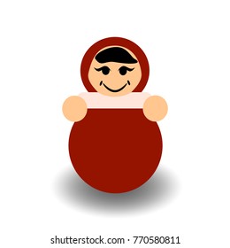 Doll icon. Russian toy. Red clothes.
Black hair. Simple design. White background.
Flat. Logos or emblems.
Illustration can be used in the internet shop, 
advertisements, banners, websites, infographic