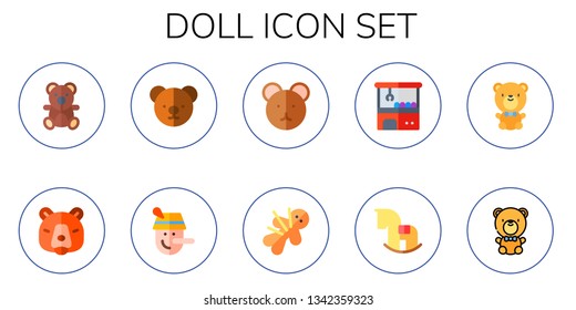 doll icon set. 10 flat doll icons.  Collection Of - teddy bear, bear, pinocchio, voodoo, claw machine, rocking horse