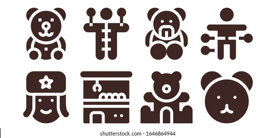 Doll Icon Set. 8 Filled Doll Icons. Included Russian, Teddy Bear, Claw Machine, Voodoo Doll Icons