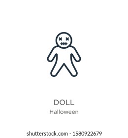 Doll icon. Thin linear doll outline icon isolated on white background from halloween collection. Line vector sign, symbol for web and mobile