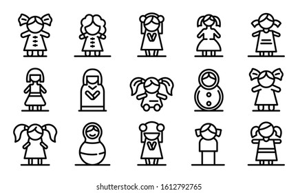 Doll icons set. Outline set of doll vector icons for web design isolated on white background