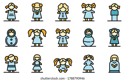 Doll icons set. Outline set of doll vector icons thin line color flat on white