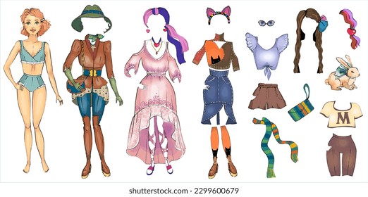 Doll with a large set of fashionable clothes for dressing up. Stylish accessories, bags, shoes, scarf, wigs and hairstyles. Vector