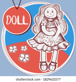 Doll with long hair in the sketch style, hand-drawn. On the background of a blue and orange circle with a round tag, label . vector.