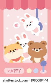 Doll Machine.Claw Crane Game Play Machine For Teddy.Toy Kid.Cartoon Character Design.Cute Animals.Rabbit,shiba Inu Dog,bear Hand Drawn.Image.Art.Graphic.Pastel.Kawaii.Wallpaper.Vector.Illustration.