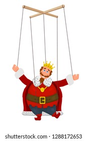 Doll marionette king in a golden crown on a white background. Element of children's puppet theater. Child's toy, theatrical doll. Vector illustration