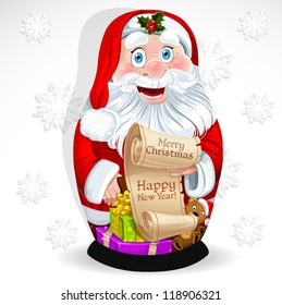 Doll Matrioshka Santa Claus with gifts and congratulations with Christmas