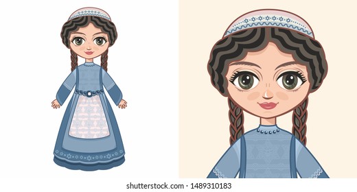 Doll in national Jewish clothing. Doll in national Jewish clothing. Girl doll in Jewish clothes. Ethnic folk clothing. Avatar